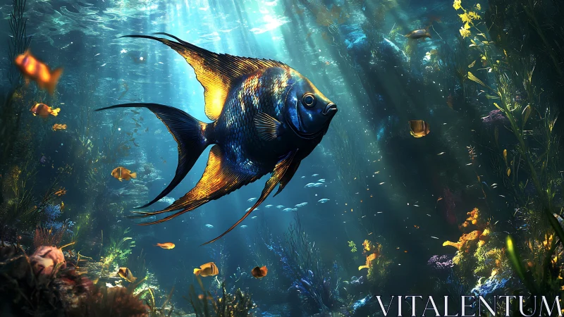 Sunlit angelfish sails through a jeweled underwater forest