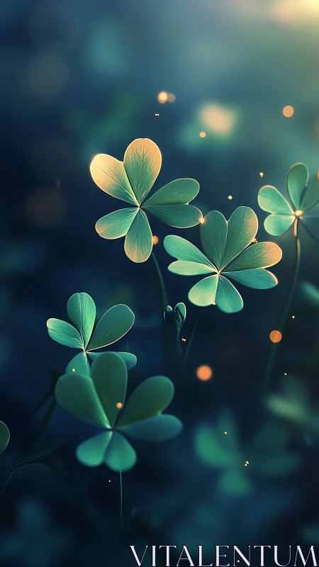 Bokeh-illuminated clover macro with luminous particle field.