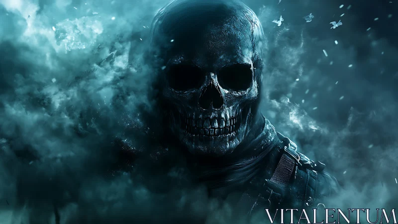 Haunting skull figure emerges calmly from swirling blue mist