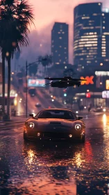 Futuristic sports car and drone on neon city rain street.