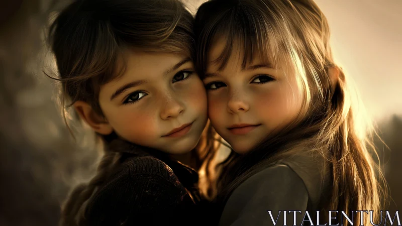 Two Children Bathed Golden Afternoon Light