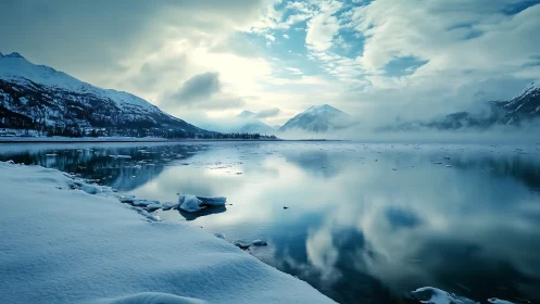 Snow covered shoreline borders calm reflective mountain lake