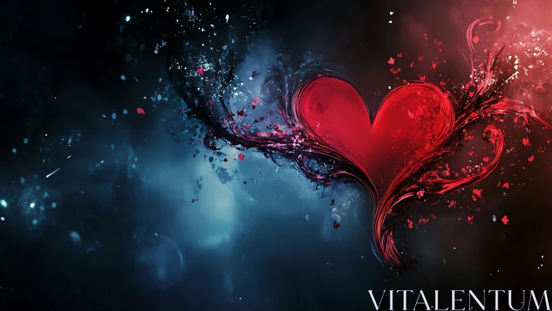 Red heart with dynamic particle dispersion on dark blue background