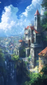 Sunlit cliffside city welcoming you above drifting clouds.