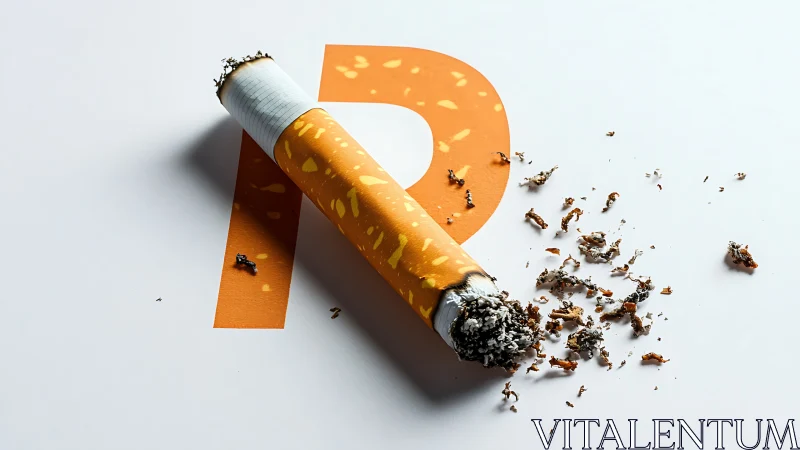 Crushed cigarette rests on bold orange letter graphic.