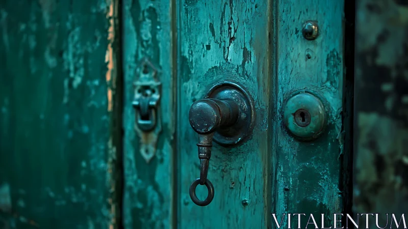 Weathered teal door lock with antique key in focus.