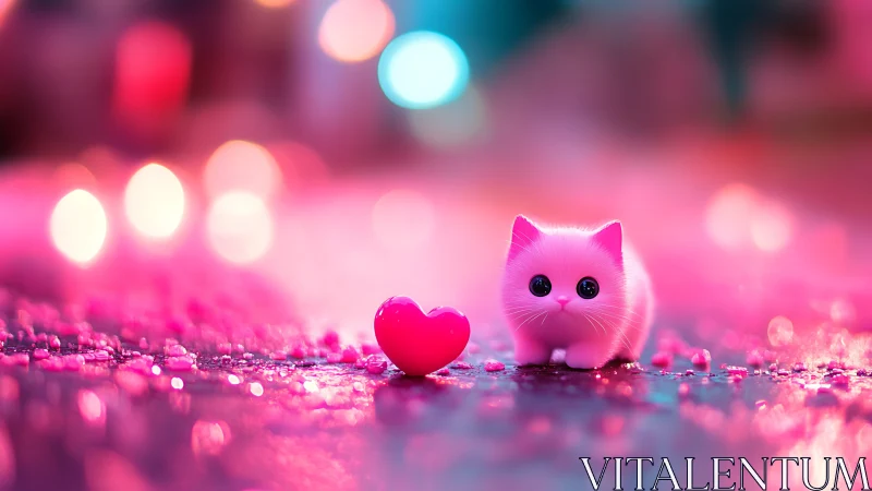 Luminous Cat and Heart in Neon Pink Glow.