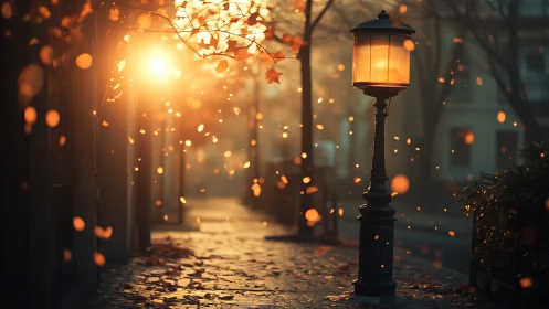 Glowing streetlamp illuminates cobblestone path at sunset