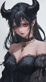 Demonic horned girl portrait with gothic lace dress and jewelry