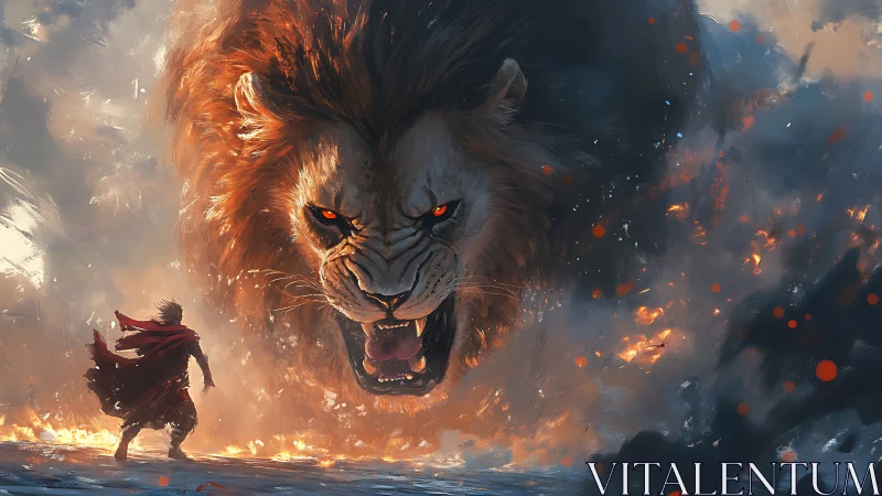 Colossal fiery lion confronts caped warrior amid erupting embers