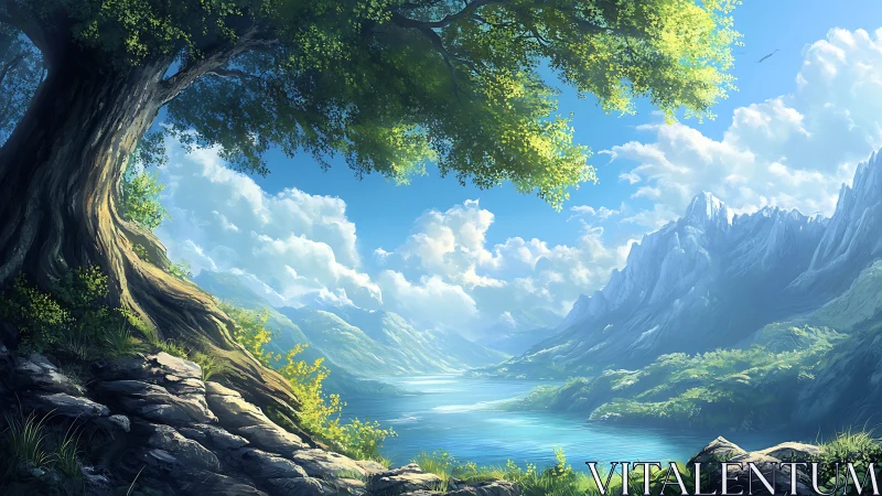 Mountain lake valley under tree canopy in clear daylight.