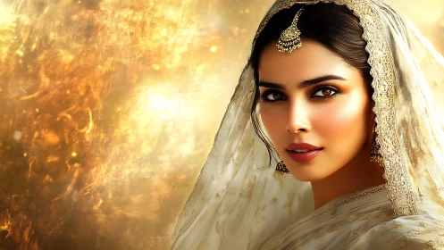 Golden gaze of a veiled bride wrapped in luminous silk.