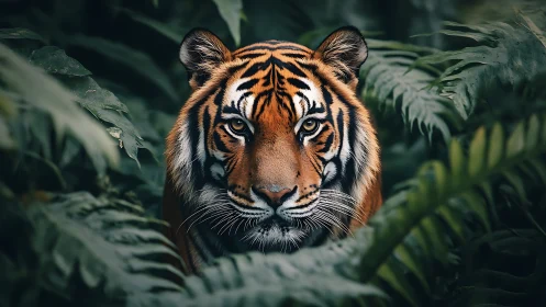 Optically precise tiger portrait emerging through dense foliage.