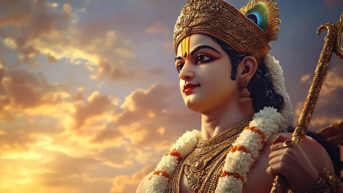 Hindu deity figure in ornate dress against sunset sky backdrop.