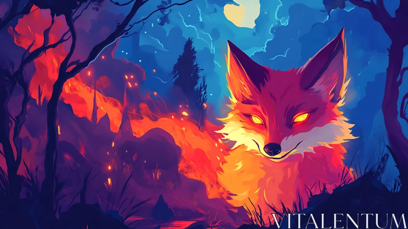 Luminous spirit fox emerging from blazing neon forest night.