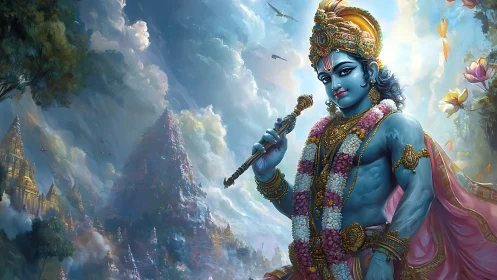 Blue-skinned divine figure stands before luminous temple peaks