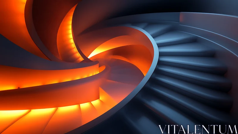 Spiraling orange-lit staircase within sleek modern curves.