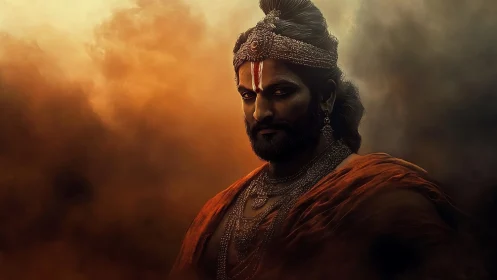 Warrior sage portrait in atmospheric chiaroscuro render.