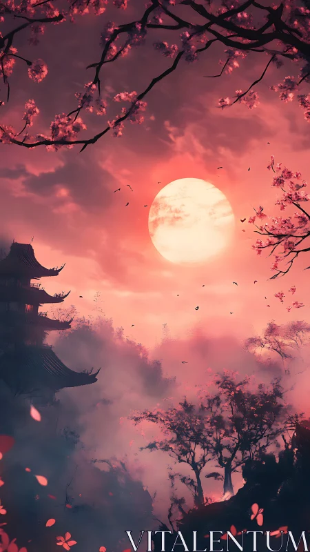 Crimson moon over misty pagoda and blooming sakura grove.