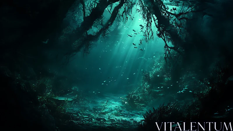 Submerged forest cavern with teal light rays and fish.