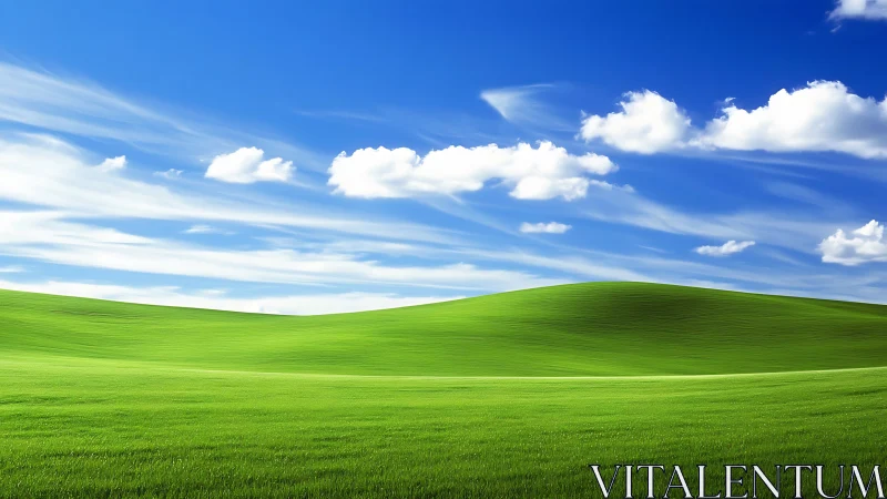 Rolling green hillside under vivid blue sky with clouds.