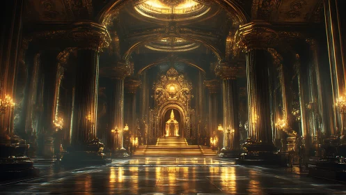 Grand baroque throne hall illuminated by volumetric golden light