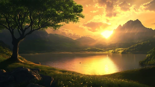 Sunlit mountain lake scene displays structured depth and light