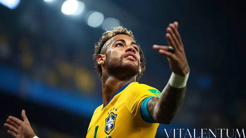 Brazil football player raises arms during stadium match