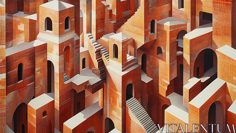 Labyrinth of terracotta stairs in endless sunlit ascent.