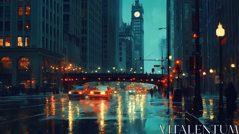 Rain-slicked city artery humming under clocktower glow.