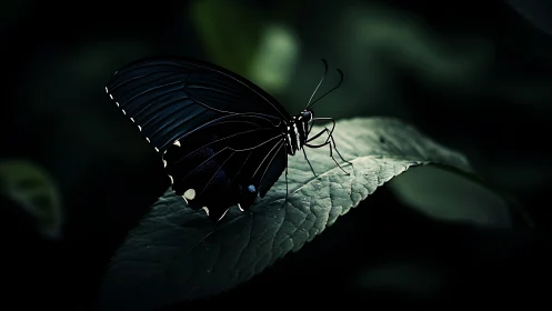Low-key macro study of dark butterfly resting on leaf edge