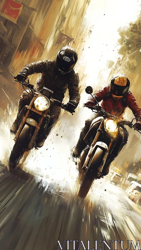 Motorcycle riders racing through wet city streets in rain