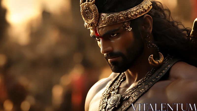 Stylized warrior portrait with ornate gold crown and armor.