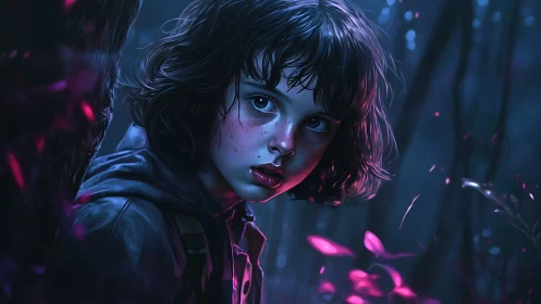 Curious child explores a glowing enchanted forest at night