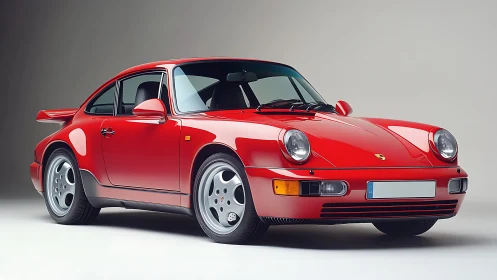 Red 964-generation rear-engine sports coupe in studio lighting.