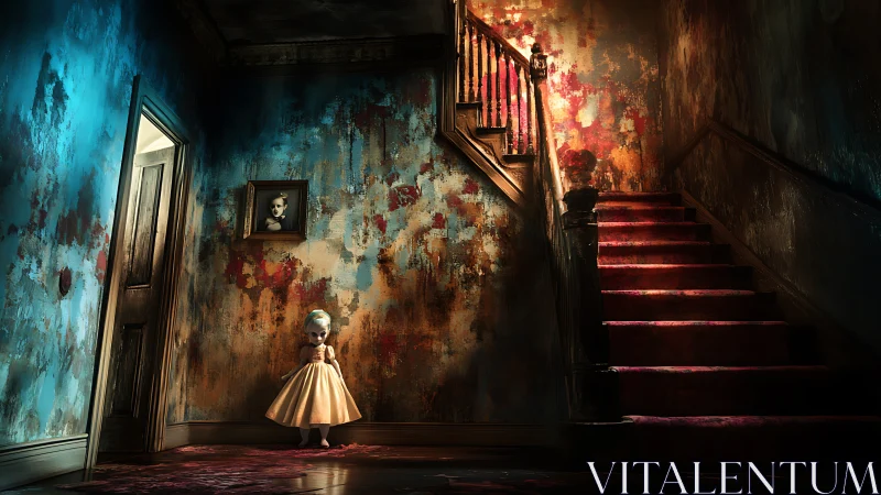 Creepy doll stands below stained staircase in decayed hallway