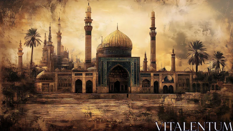 Atmospheric Islamic cityscape with domed mosque and layered minarets