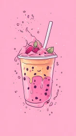 Strawberry bubble drink illustration with dynamic splash physics.