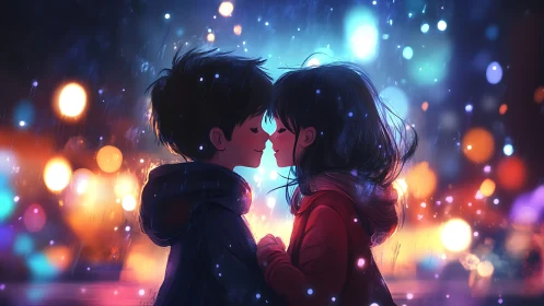 Two children share a tender moment in glowing city rain