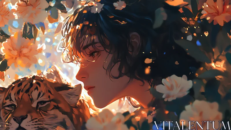 Dreamlike portrait of youth with tiger in glowing garden.