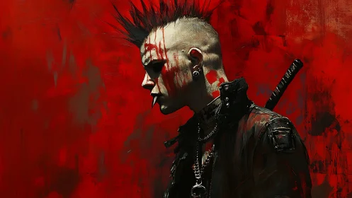 Bloodstained cyberpunk punk warrior against vivid red backdrop.
