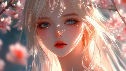 Ethereal blonde portrait under luminous cherry blossoms.