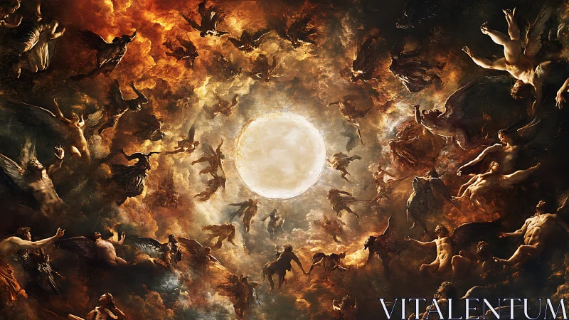Solar maelstrom of angels and fallen souls in burning clouds.