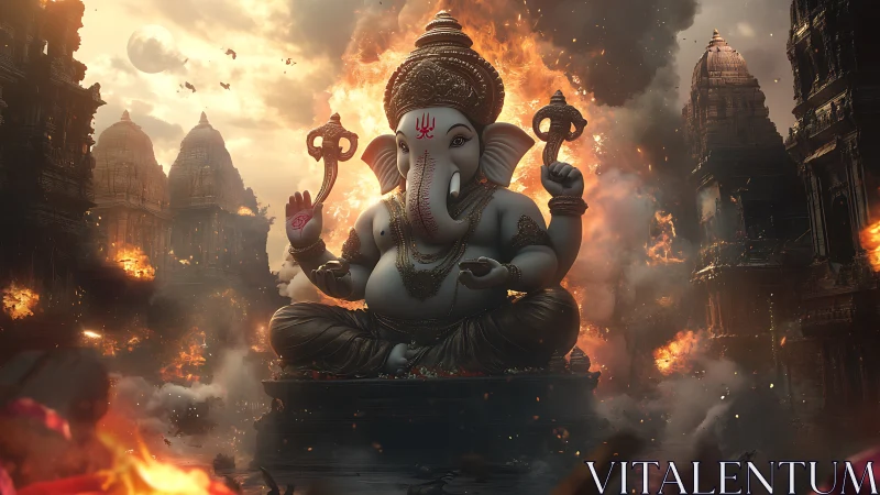 Ganesha deity amid burning temples and stormed sky.