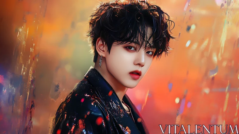 Velvet dusk idol in neon ember-splashed glamour haze.