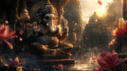 Detailed Ganesha statue in ornate temple courtyard at dusk.