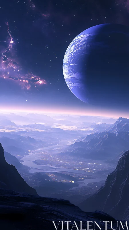 Alien valley under gas giant rendered in luminous chiaroscuro