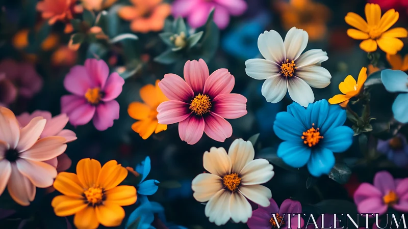 Multicolored cosmos flowers displaying varied petal arrangements and central disk formations