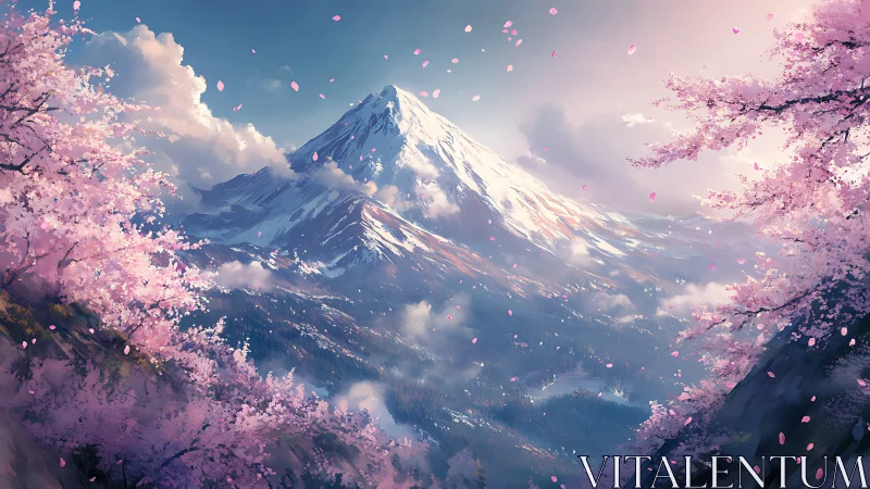 Snow-capped mountain framed by pink blossom trees in spring.