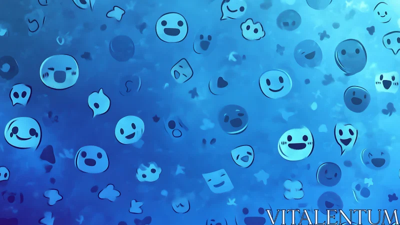 Floating emoticon glyphs on luminous blue digital field.